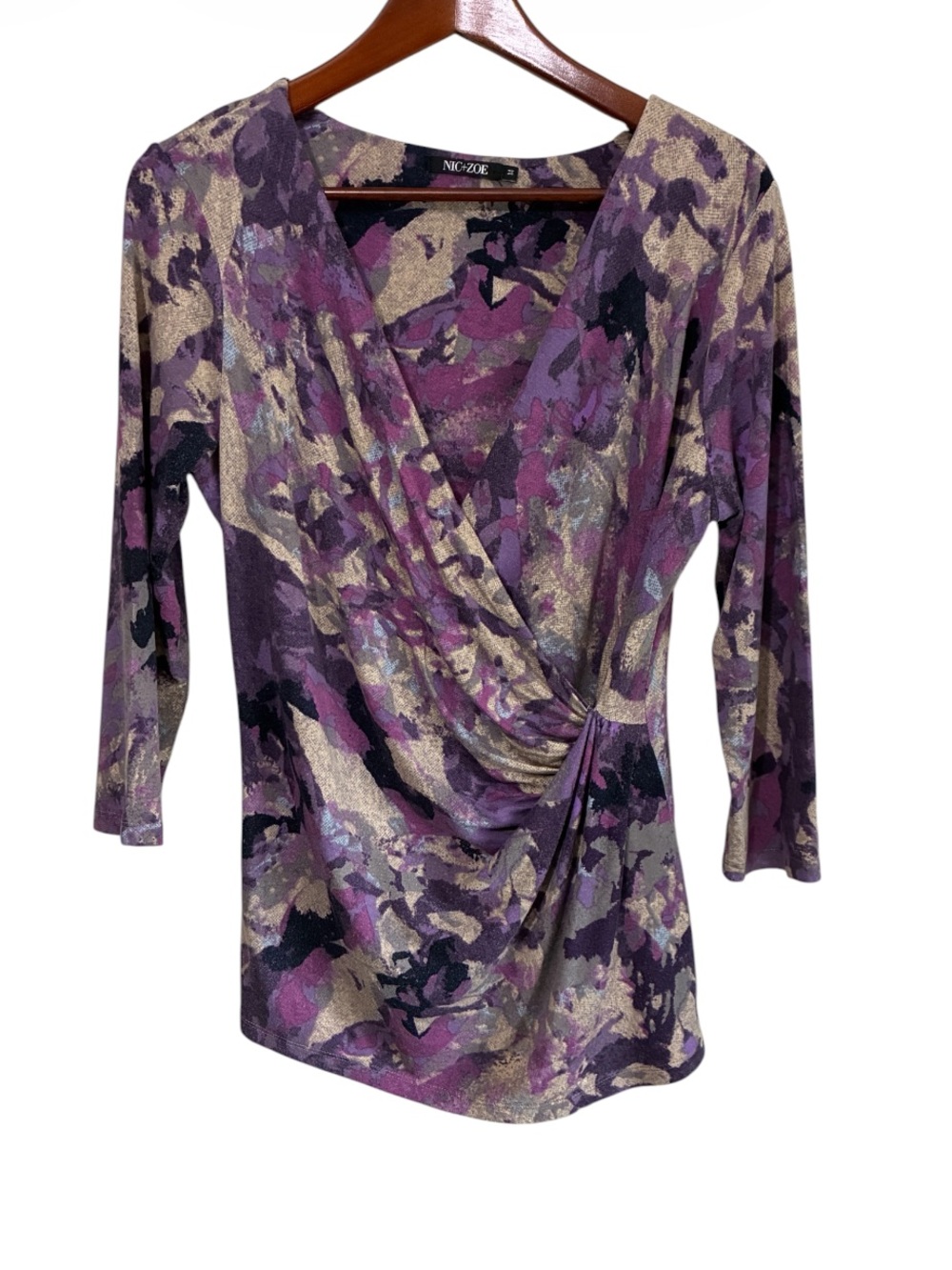 NIC+ZOE Purple Floral Print Faux Wrap Top Size Medium